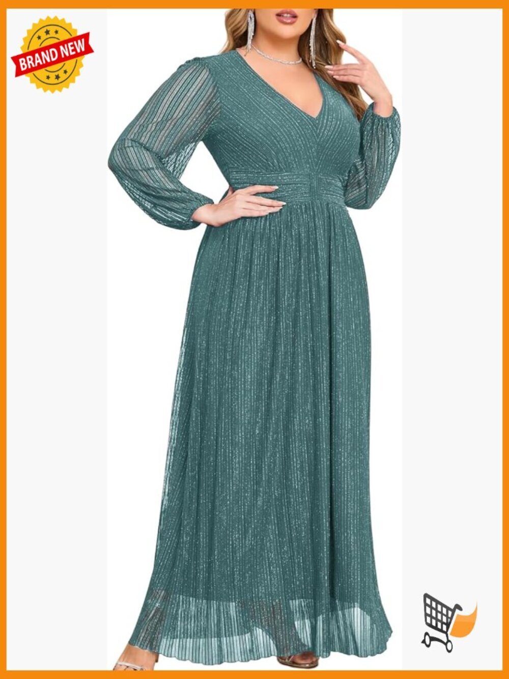 Plus Size Formal Maxi Dress V-Neck Ruffle Sleeve A-Line Sparkly Evening Gown